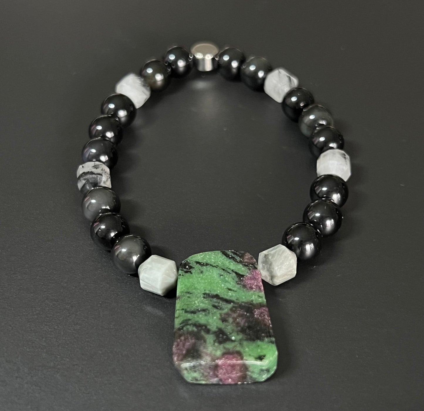 Ruby in Zoisite, Tourmilated Quartz, Chrysoberyl (Cats Eye) and Rainbow Obsidian  ~  Sekhmet  ~