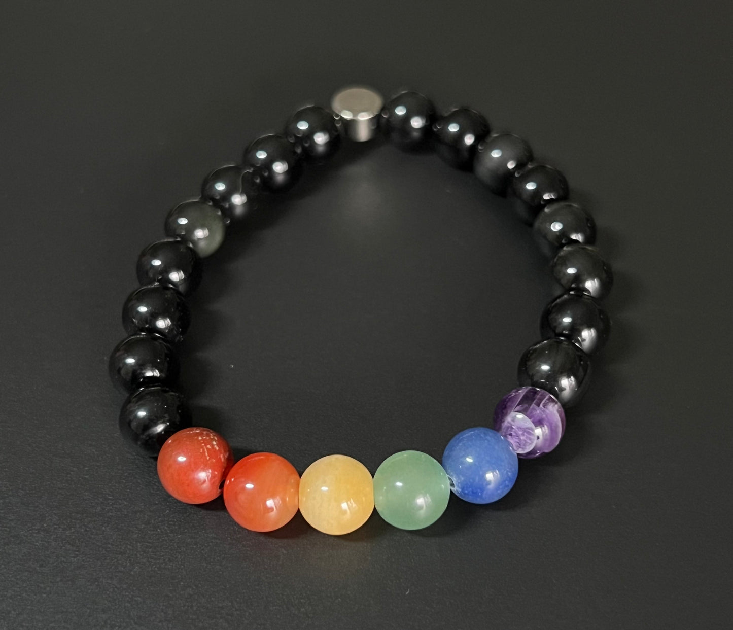 Chakra Black - Rainbow Obsidian, Red Jasper, Carnelian, Yellow Aventurine, Green Aventurine, Blue Aventurine and Dream Amethyst