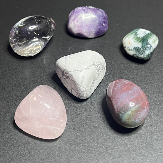Relaxation Tumble Pack - Ocean Jasper, Rose Quartz, Moss Agate, Howlite and Lepidolite