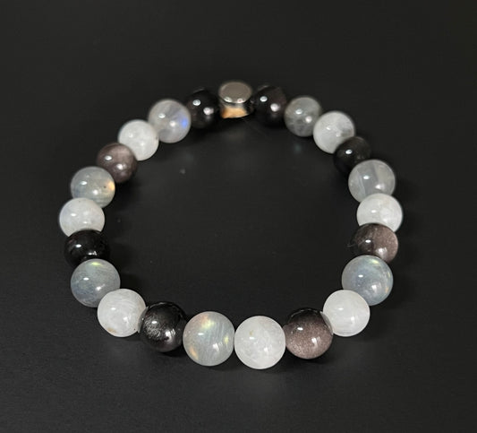 Aura Shield - Rainbow Moonstone, Labradorite and Silver Obsidian