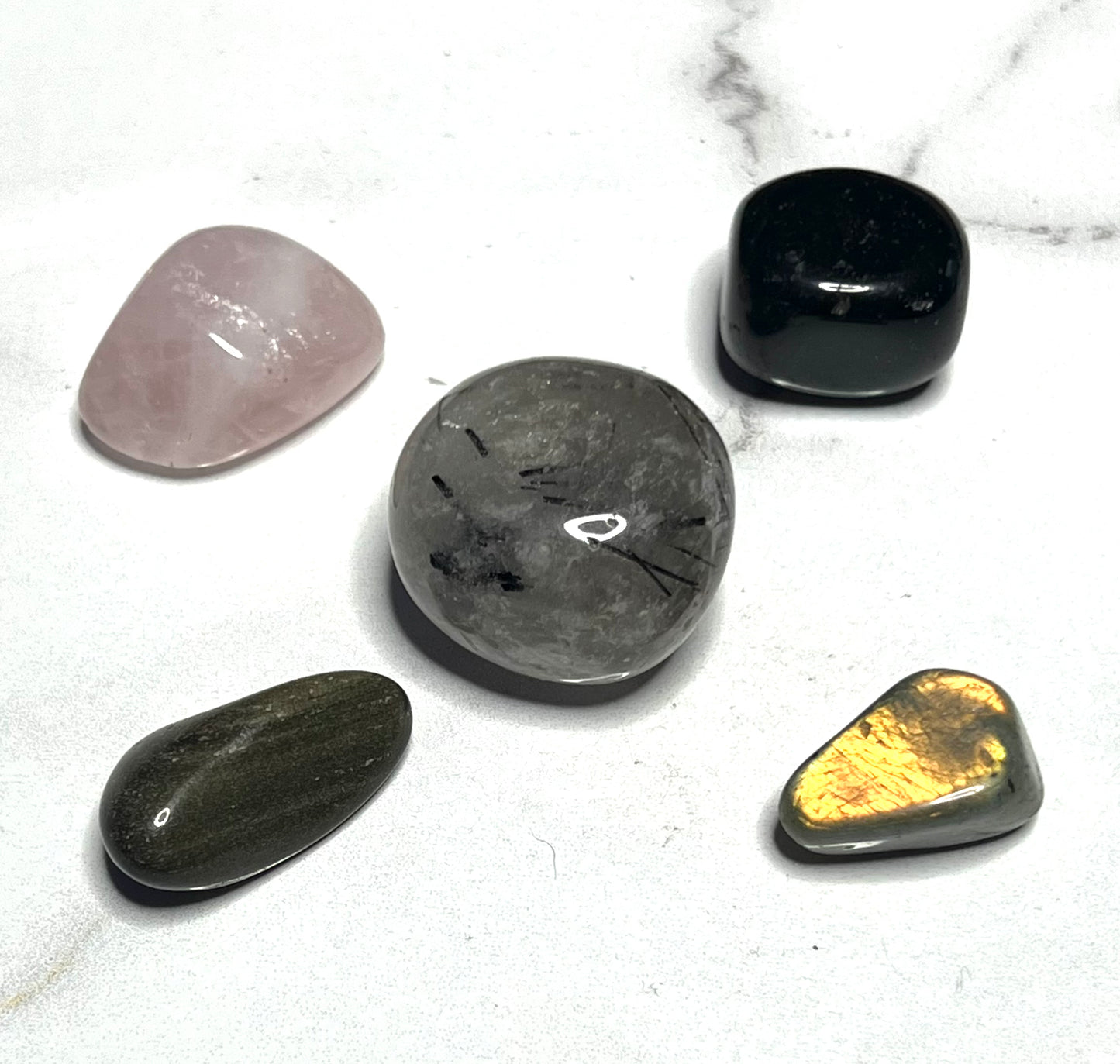 Protection Tumble Pack - Black Obsidian, Golden Obsidian, Black Tourmilated Quartz, Labradorite, Rose Quartz and Clear Quartz