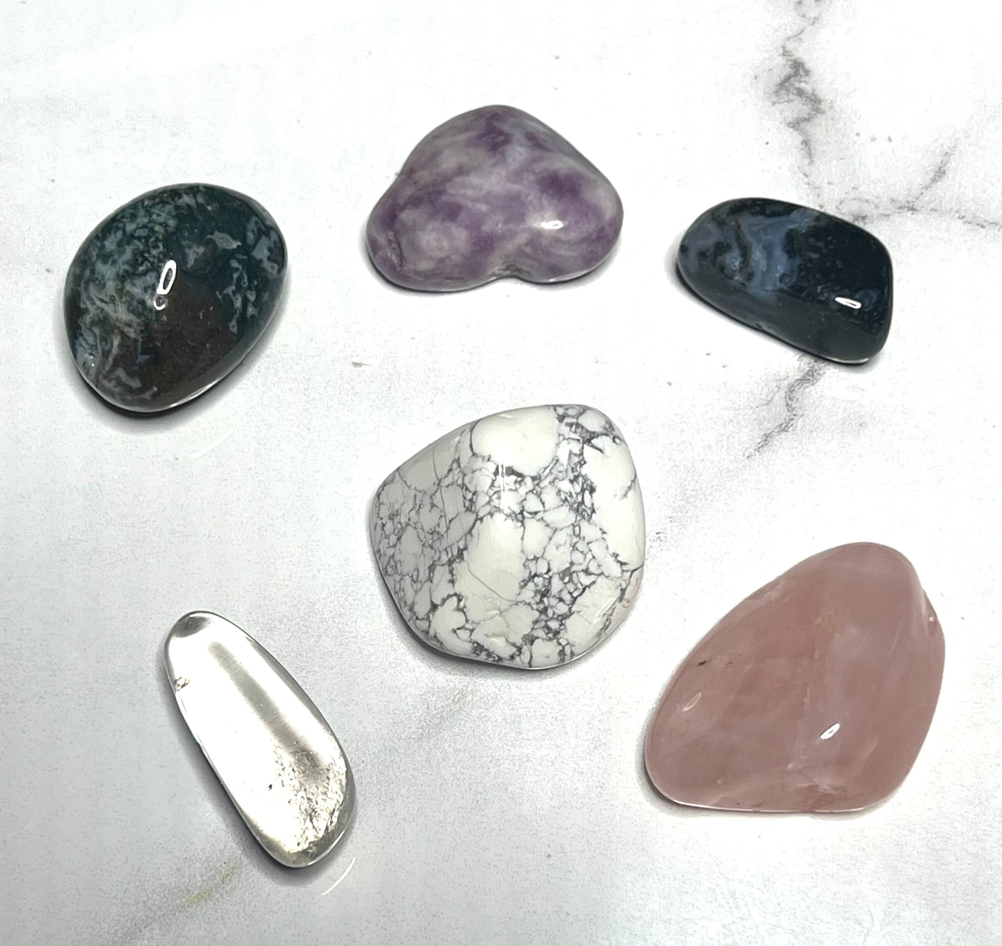 Relaxation Tumble Pack - Ocean Jasper, Rose Quartz, Moss Agate, Howlite and Lepidolite