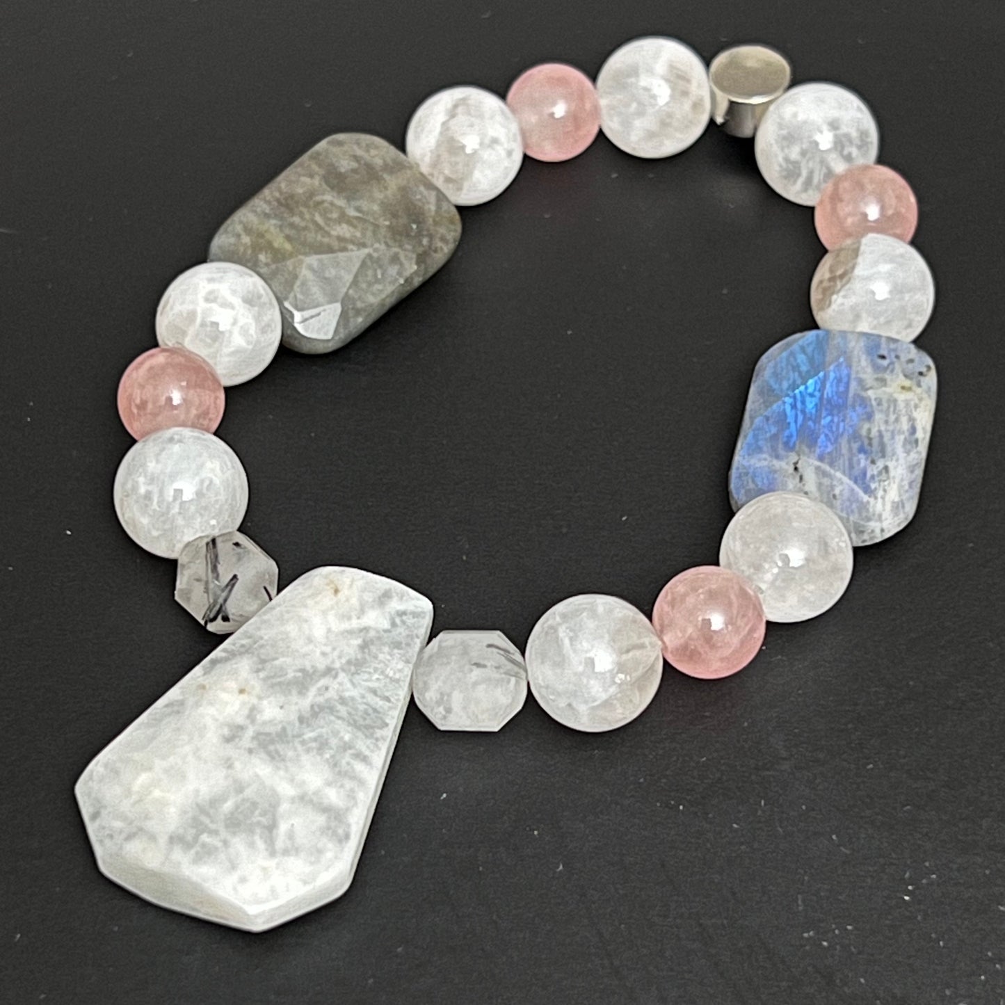 Rainbow Moonstone, Madagascar Rose Quartz, Labradorite and Tourmilated Quartz   ~  Selene  ~