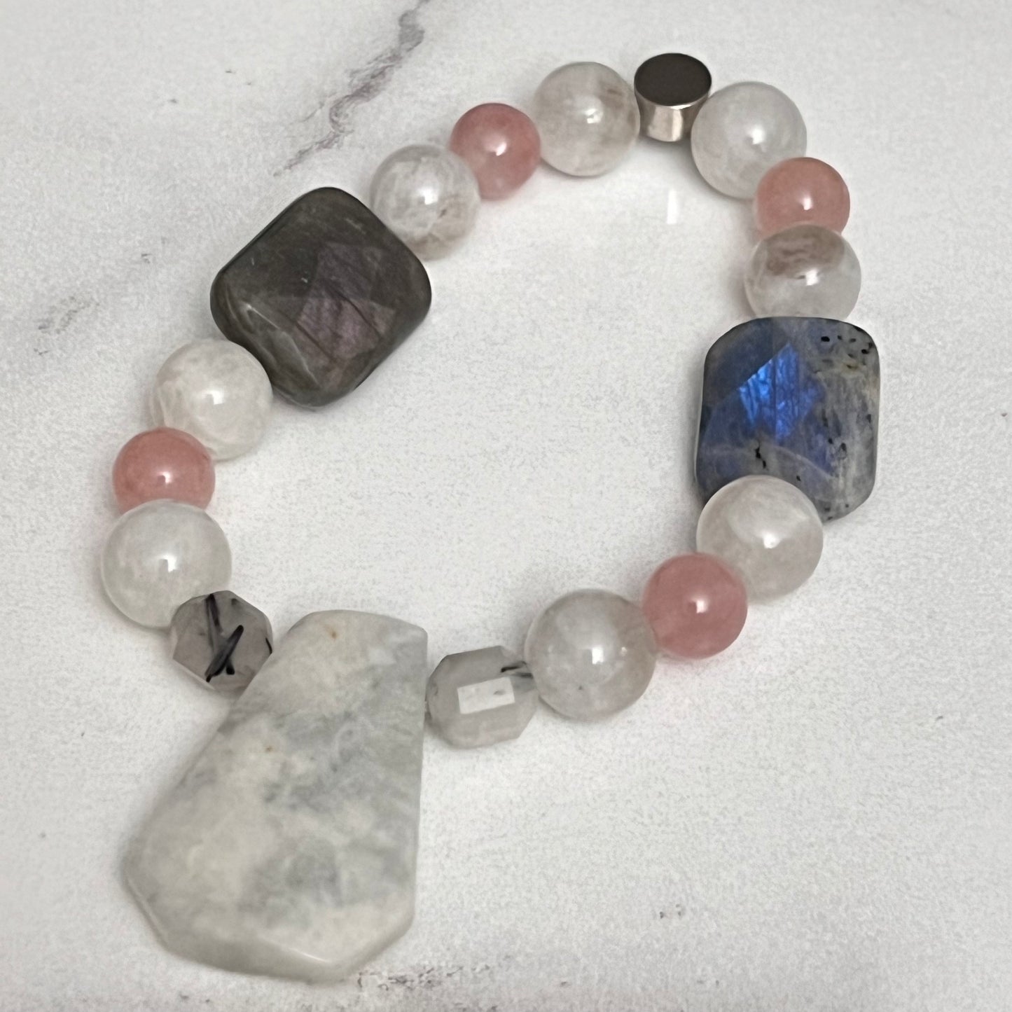 Rainbow Moonstone, Madagascar Rose Quartz, Labradorite and Tourmilated Quartz   ~  Selene  ~