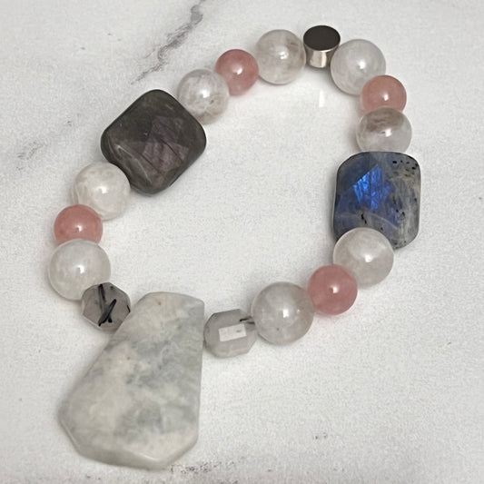 Rainbow Moonstone, Madagascar Rose Quartz, Labradorite and Tourmilated Quartz ~ Selene ~