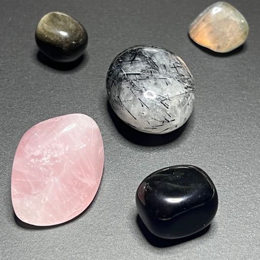 Protection Tumble Pack - Black Obsidian, Golden Obsidian, Black Tourmilated Quartz, Labradorite, Rose Quartz and Clear Quartz