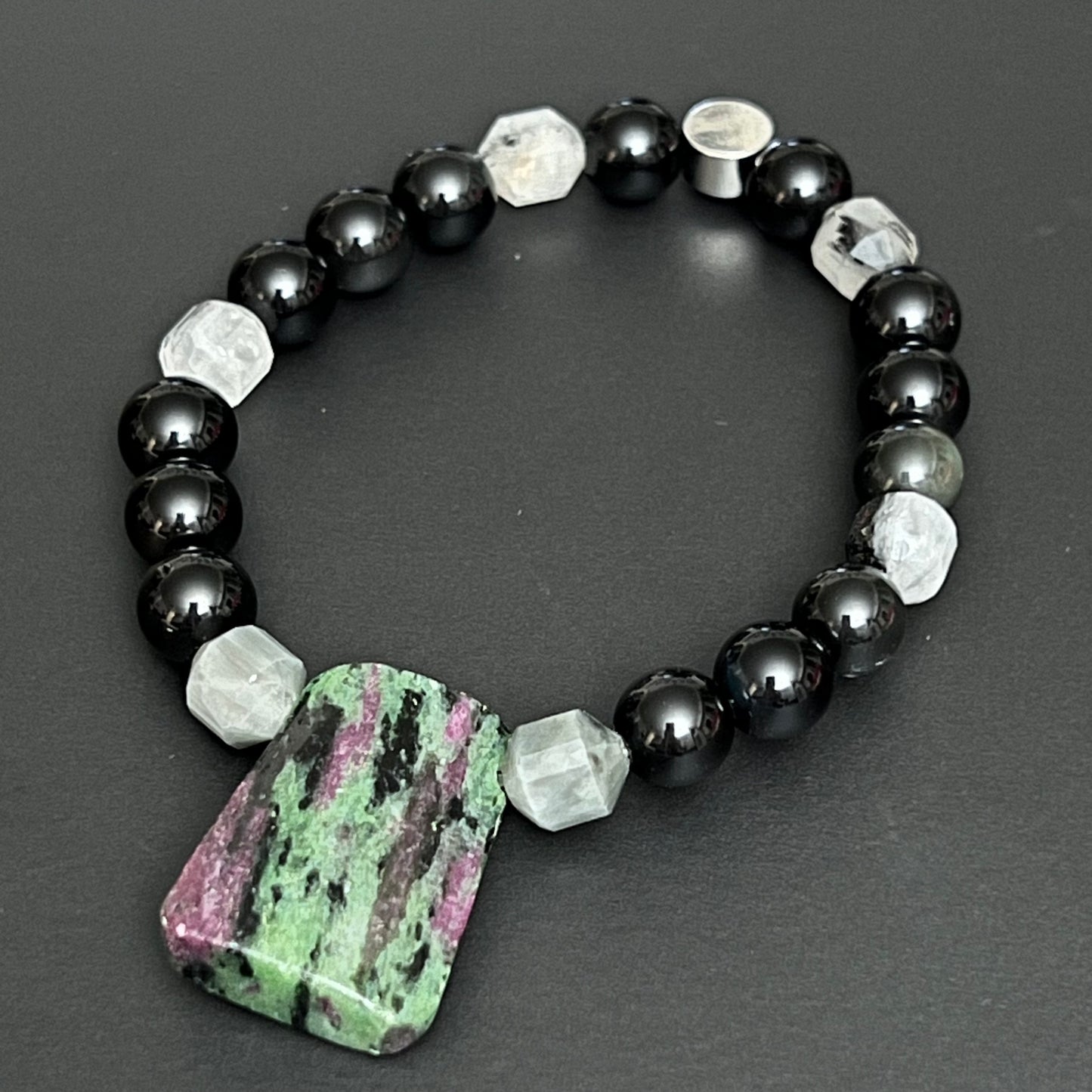 Ruby in Zoisite, Tourmilated Quartz, Chrysoberyl (Cats Eye) and Rainbow Obsidian  ~  Sekhmet  ~