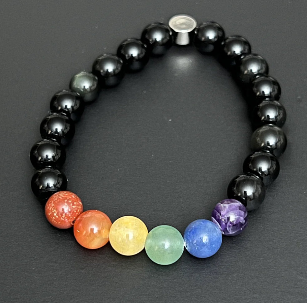 Chakra Black - Rainbow Obsidian, Red Jasper, Carnelian, Yellow Aventurine, Green Aventurine, Blue Aventurine and Dream Amethyst