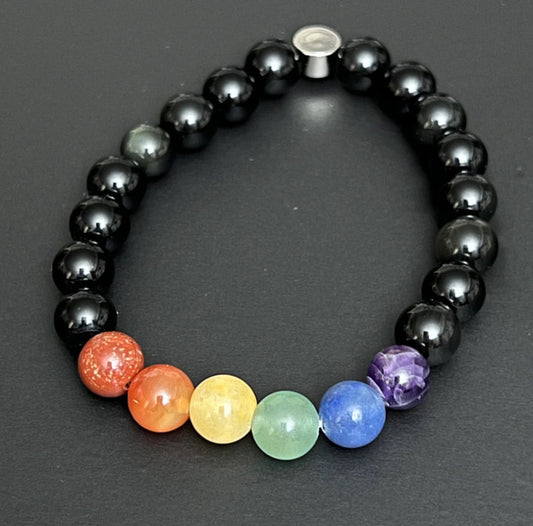Chakra Black - Rainbow Obsidian, Red Jasper, Carnelian, Yellow Aventurine, Green Aventurine, Blue Aventurine and Dream Amethyst
