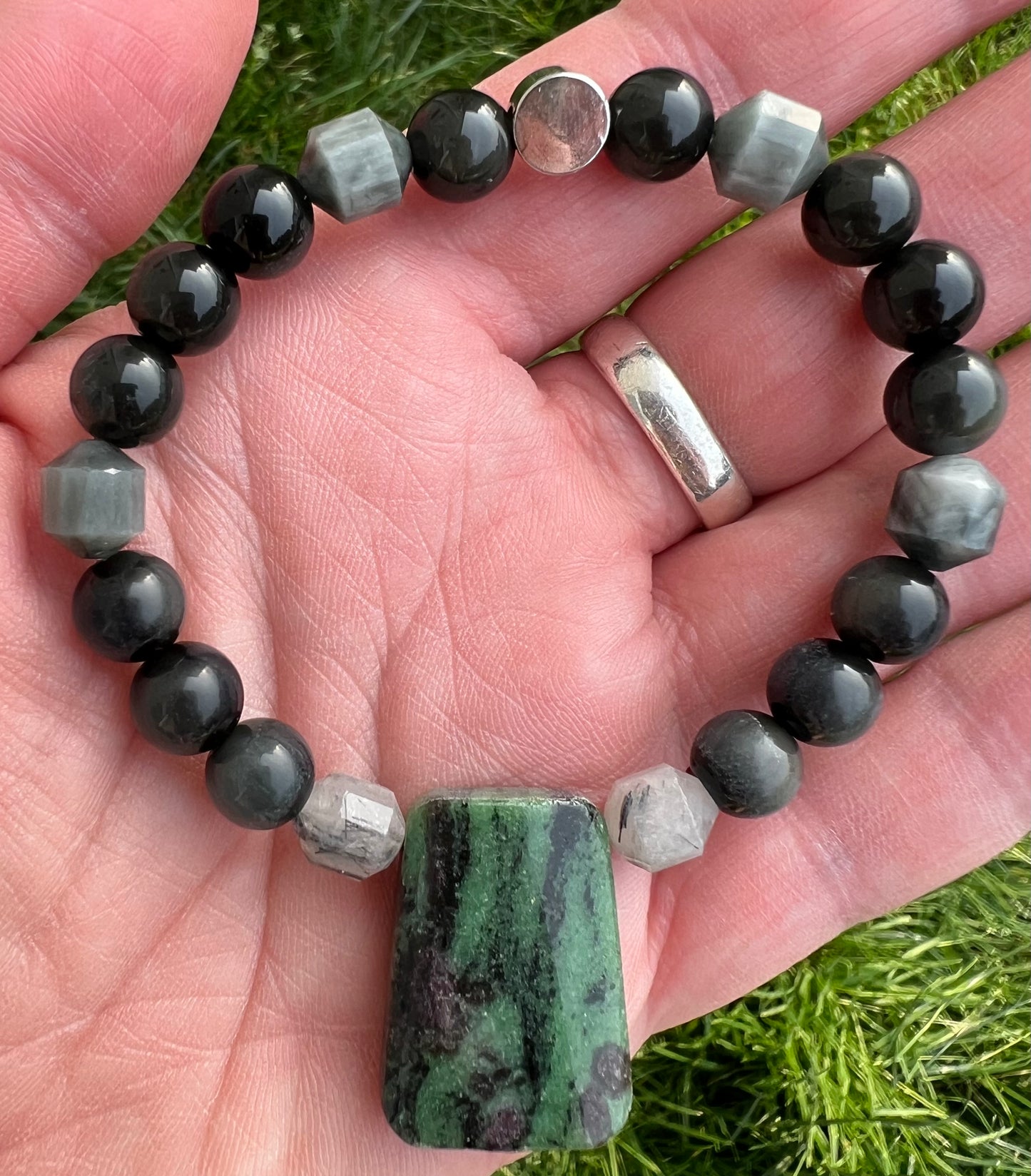 Ruby in Zoisite, Tourmilated Quartz, Chrysoberyl (Cats Eye) and Rainbow Obsidian  ~  Sekhmet  ~
