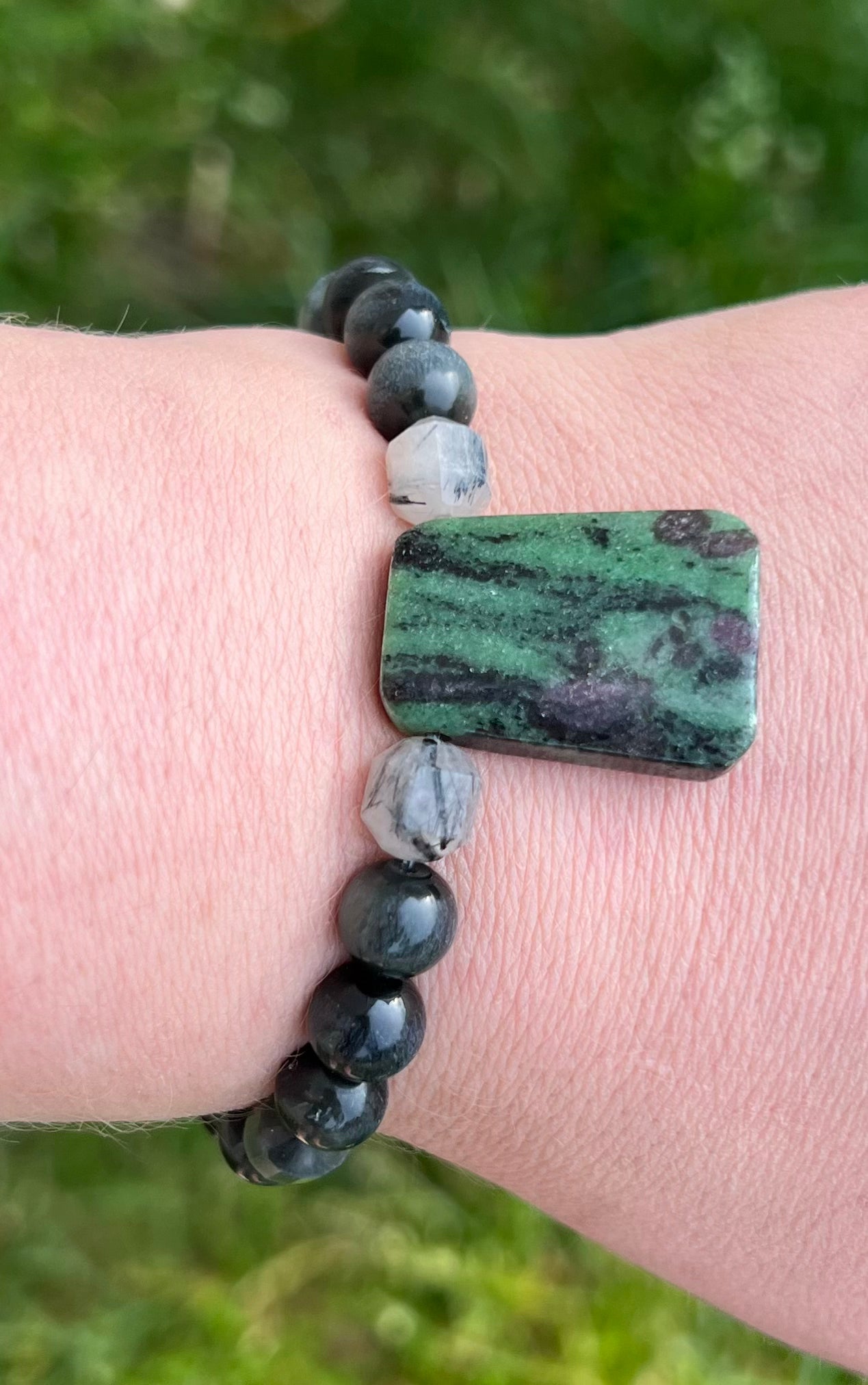 Ruby in Zoisite, Tourmilated Quartz, Chrysoberyl (Cats Eye) and Rainbow Obsidian  ~  Sekhmet  ~