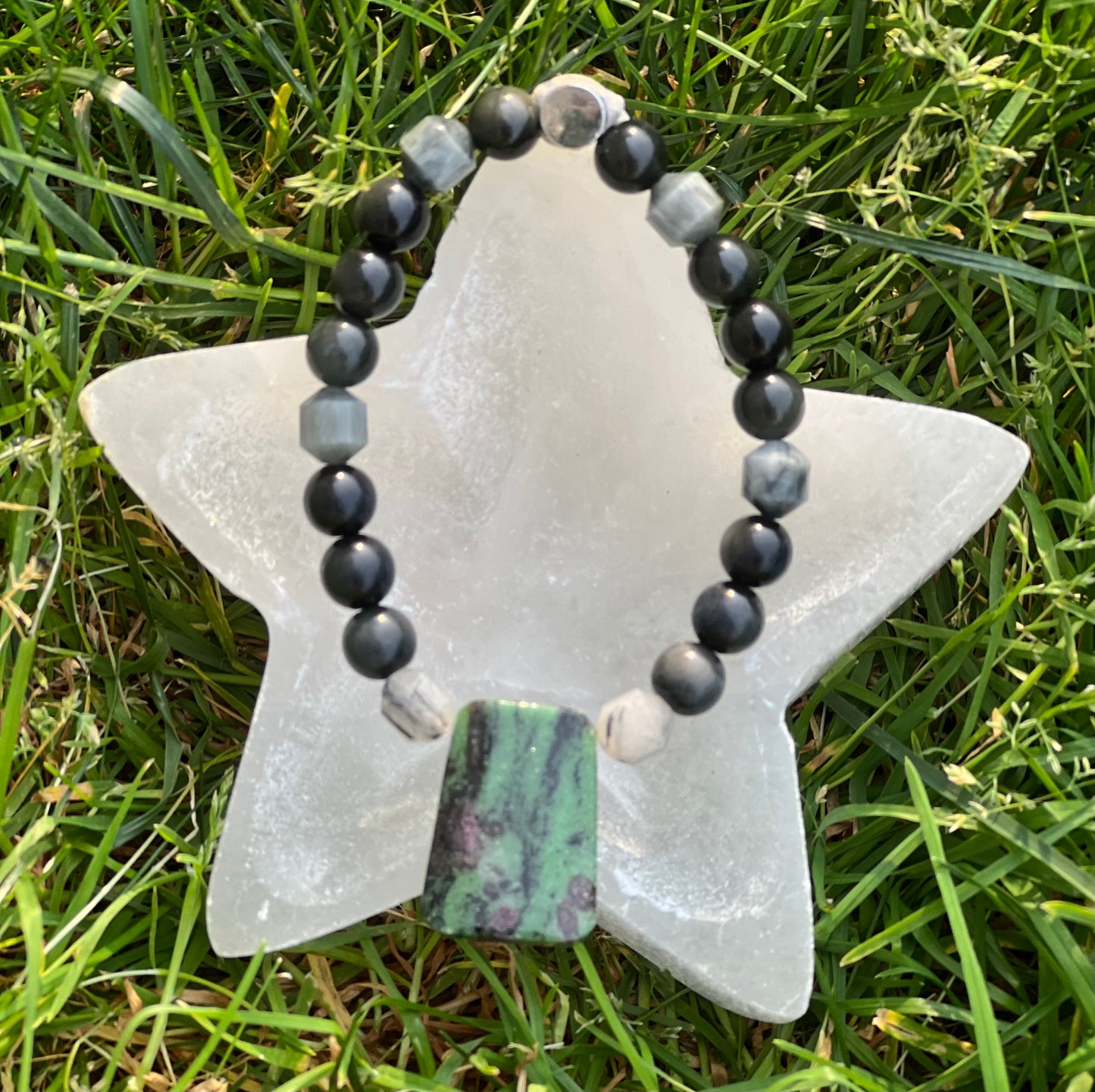 Ruby in Zoisite, Tourmilated Quartz, Chrysoberyl (Cats Eye) and Rainbow Obsidian  ~  Sekhmet  ~