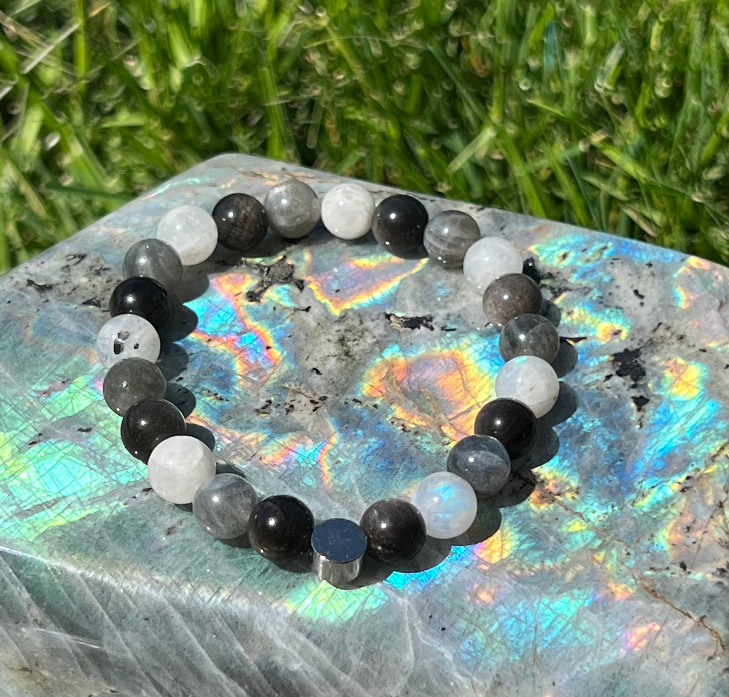 Aura Shield - Rainbow Moonstone, Labradorite and Silver Obsidian