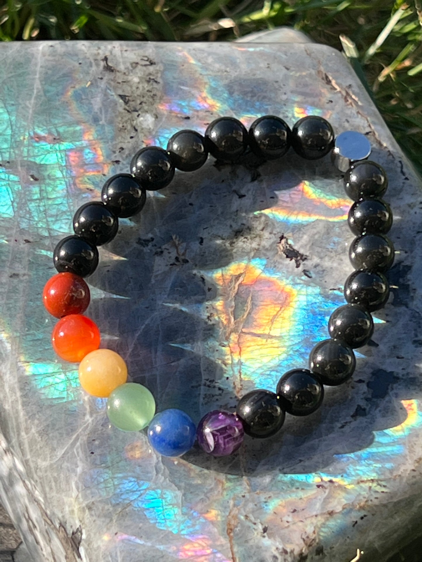 Chakra Black - Rainbow Obsidian, Red Jasper, Carnelian, Yellow Aventurine, Green Aventurine, Blue Aventurine and Dream Amethyst