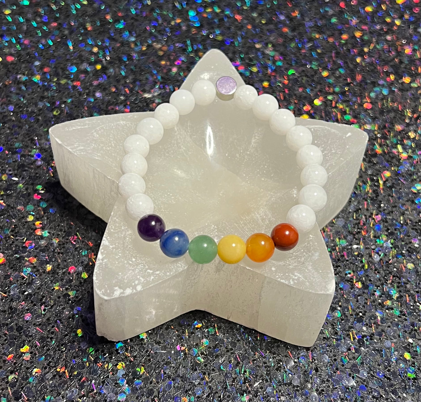 Chakra white - White Jade, Red Jasper, Carnelian, Yellow Aventurine, Green Aventurine, Blue Aventurine and Dream Amethyst