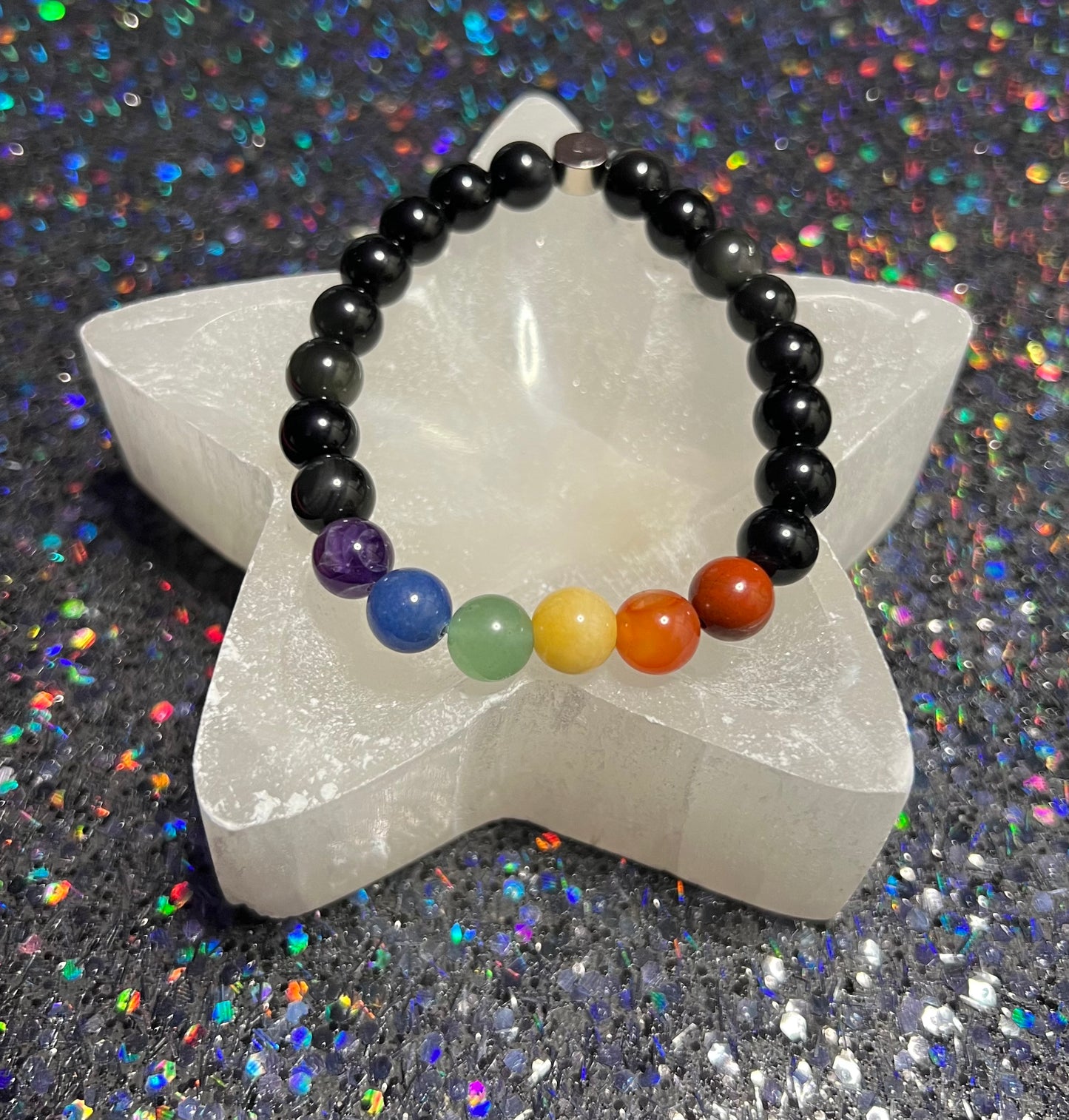 Chakra Black - Rainbow Obsidian, Red Jasper, Carnelian, Yellow Aventurine, Green Aventurine, Blue Aventurine and Dream Amethyst