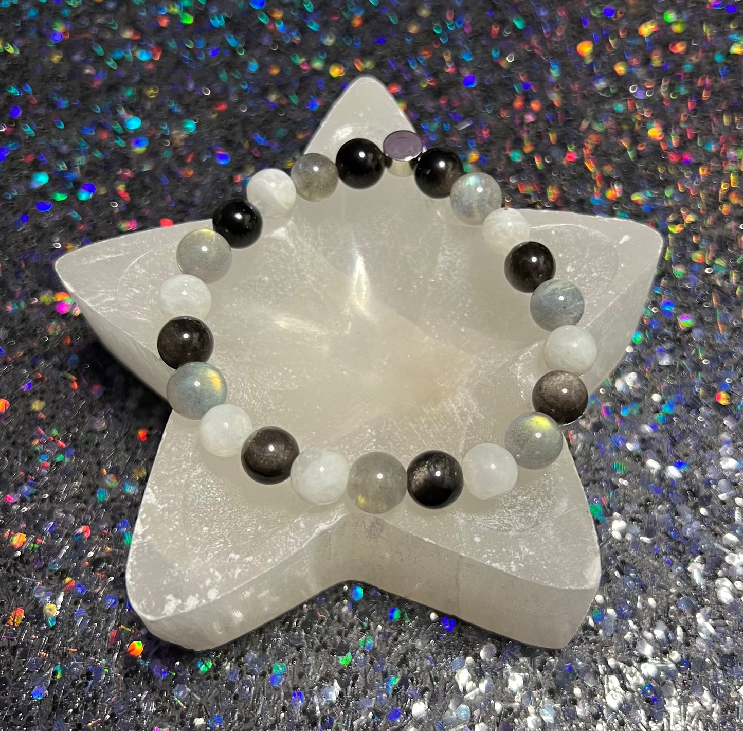 Aura Shield - Rainbow Moonstone, Labradorite and Silver Obsidian